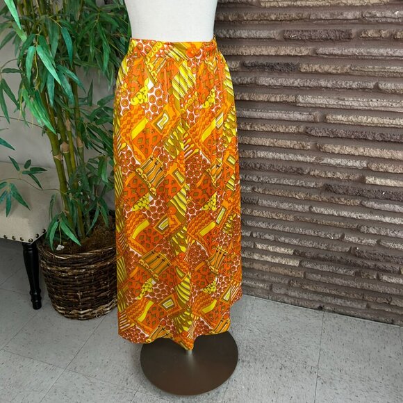 Vintage 60s 70s Pop Art Orange Yellow Geometric Nylon Maxi Skirt - Picture 6 of 7